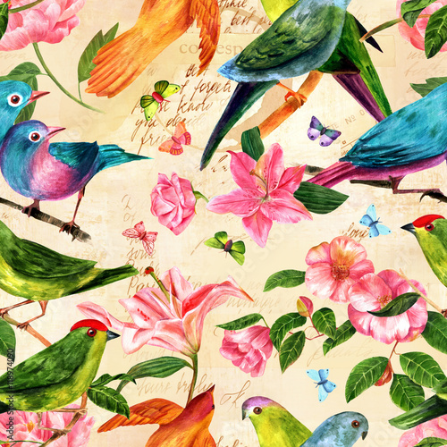 Seamless pattern with birds, flowers, butterflies on old paper
