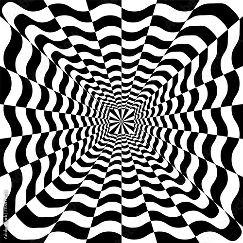 Vector Illustration.Black and White Wavy Spirals Expanding from the Center. Optical Illusion of Perspective and Volume. Suitable for textile, fabric, packaging and web design.