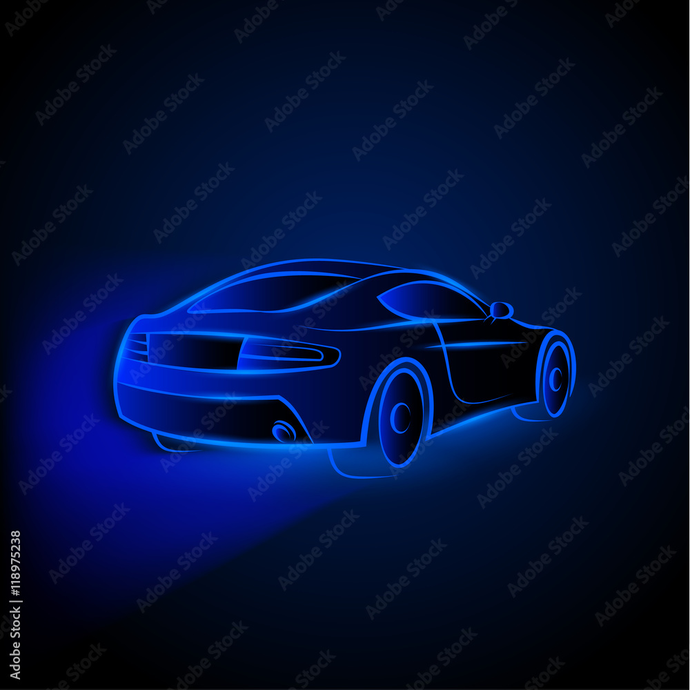 Vector blue neon car in motion. Linear auto illustration on a black
