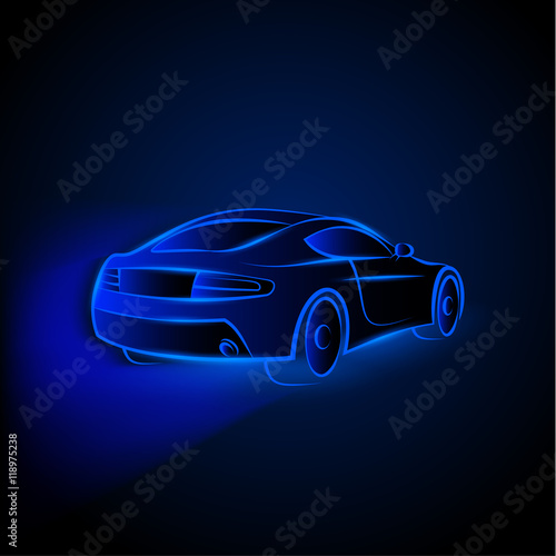 Vector blue neon car in motion. Linear auto illustration on a black background.