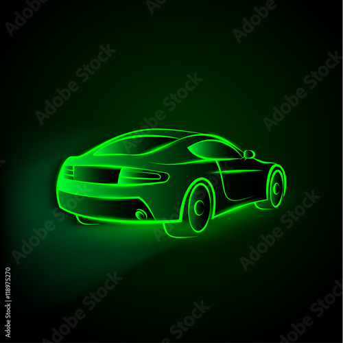 Vector green neon car in motion. Linear auto illustration on a black background.