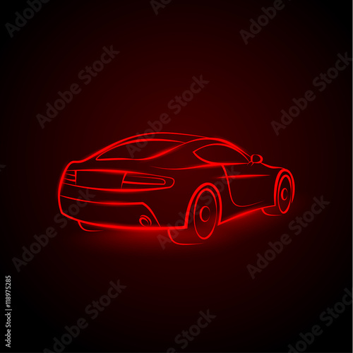 Vector red neon car. Linear auto illustration on a black background.