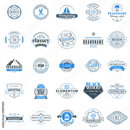 Set of retro logotype templates. Collection of 25 items. Typographic badges. Icon symbols. Labels. Black and Blue colors