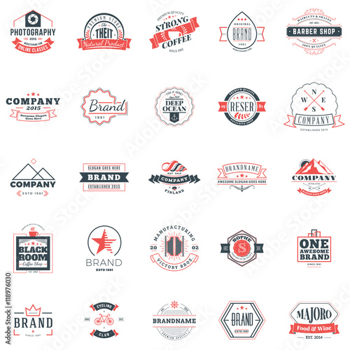 Set of retro logotype templates. Collection of 25 items. Typographic badges. Icon symbols. Labels. Black and Red colors