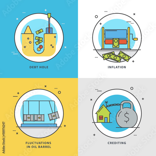 Vector set of economic icons with popular problems: debt hole, inflation, crediting, fluctuations on oil barrel.