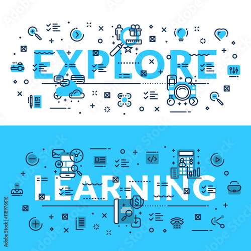 Explore and Learning heading, title, web banner. Horizontal colored in white and blue flat vector illustration.