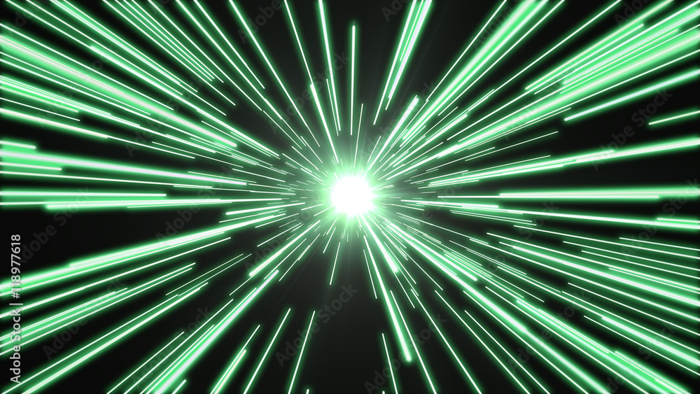 Green lights flying past at high speed, with a bright white light at the end of the tunnel. Green lights flying past at high speed, with a bright white light at the end of the tunnel.