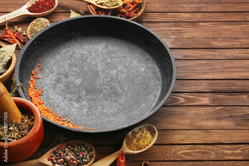 Empty plate with spices on table