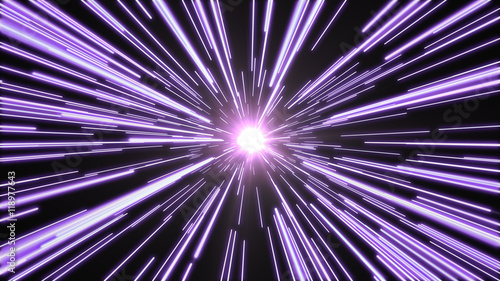 Tablou pe pânză Purple lights flying past at high speed, with a bright white light at the end of the tunnel