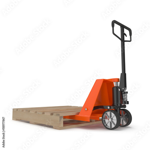 Pallet truck with wooden pallet isolated on white 3D Illustration