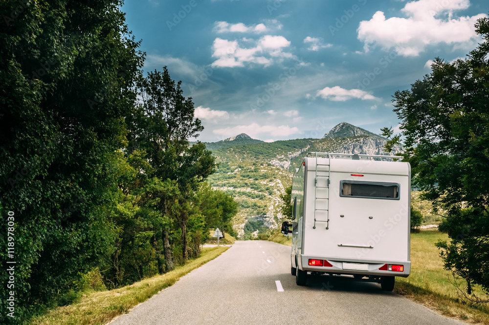 Motorhome Car Goes On Road On Background Of French Mountain Nature Landscape