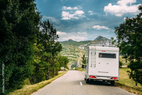 Motorhome Car Goes On Road On Background Of French Mountain Nature Landscape