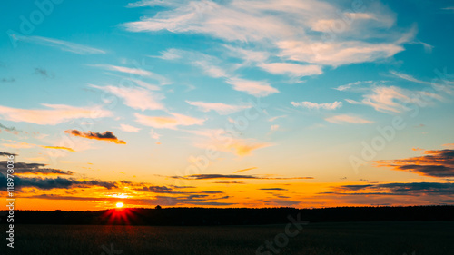 Sunset, Sunrise, Sun Over Rural Countryside Field © Grigory Bruev