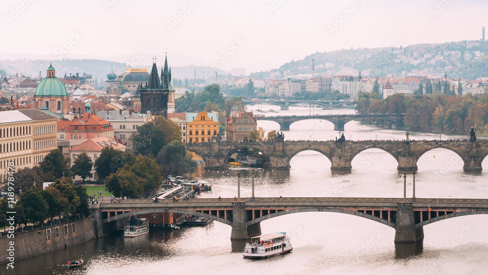Cityscape Of Prague, Czech Republic. View Of The Charles Bridge.