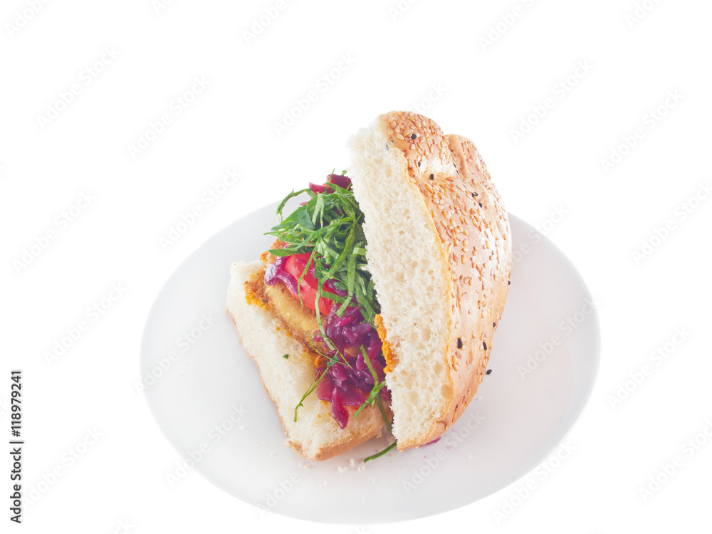 vegan bread with breaded spiced tofu, mashed eggplant and carrot spread and vegetables vegan bread with breaded spiced tofu, mashed eggplant and carrot spread and vegetables