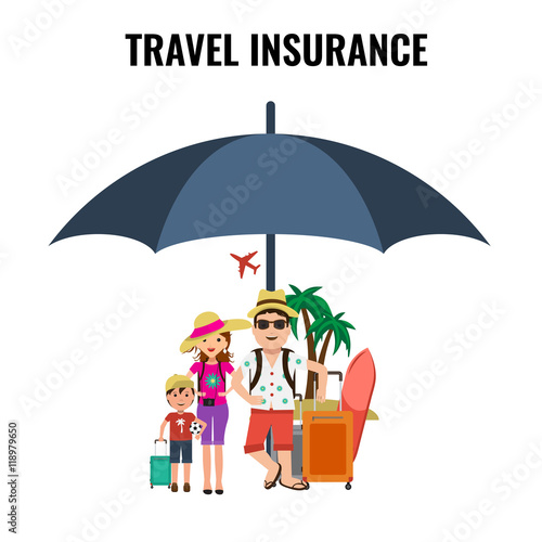 Travel Insurance Concept for Poster with family traveling and umbrella protecting them. Advertising design.