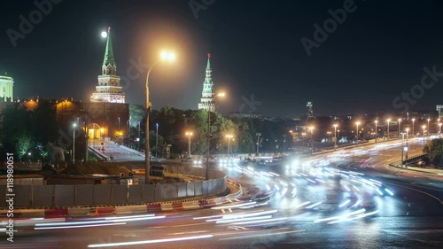 Moon over Moscow Kremlin.  Traffic. View from Mokhovaya street. Timelapse in motoion  photo