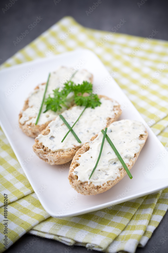 Crispbread with soft cheese with herbs and bacon. Crispbread with soft cheese with herbs and bacon.