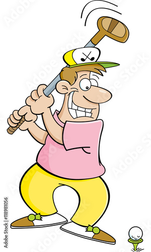 Cartoon illustration of a man hitting a golf ball.
