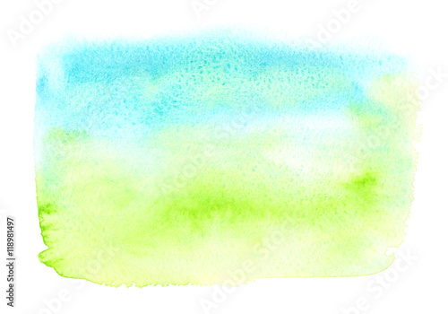 Green and turquoise blue rectangle painted in watercolor on white isolated background