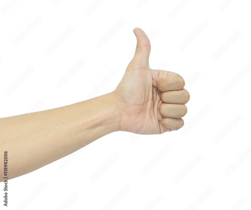 male hand showing thumbs up sign against white background