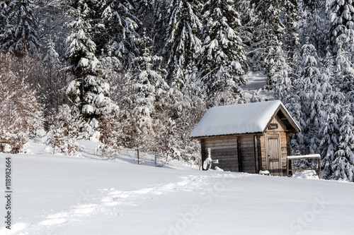 wooden sauna in the winter forest © rzoze19