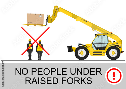 Telehandler safety. No people under raised forks. Flat vector
