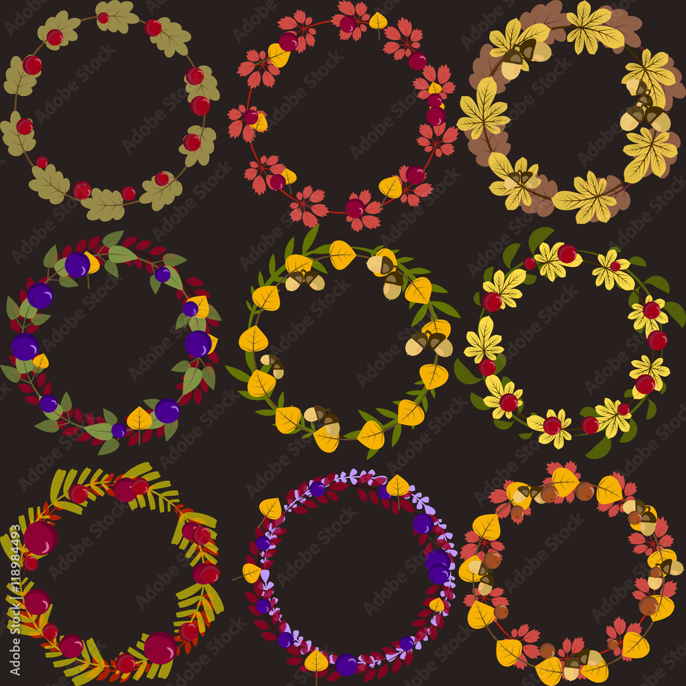 Set of vector wreaths with autumn leaves berries and acorns vect