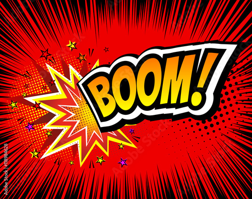 Boom. Vector Retro Comic Speech Bubble, Cartoon Comics Template. Mock-up of Book Design Elements. Sound Effects, Colored Halftone