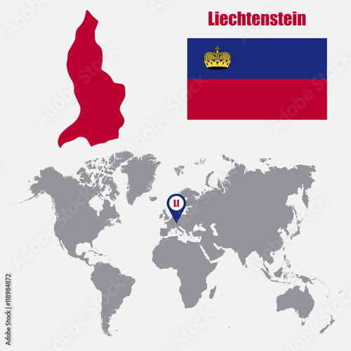 Liechtenstein map on a world map with flag and map pointer. Vector illustration