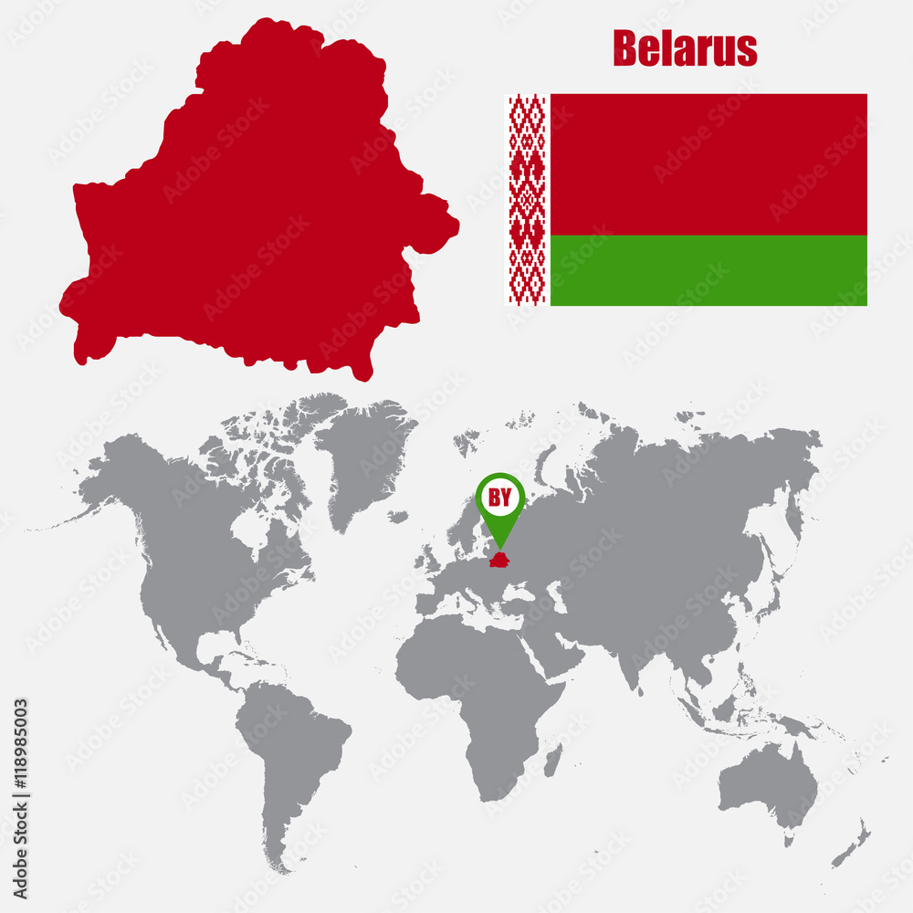 Belarus map on a world map with flag and map pointer. Vector illustration
