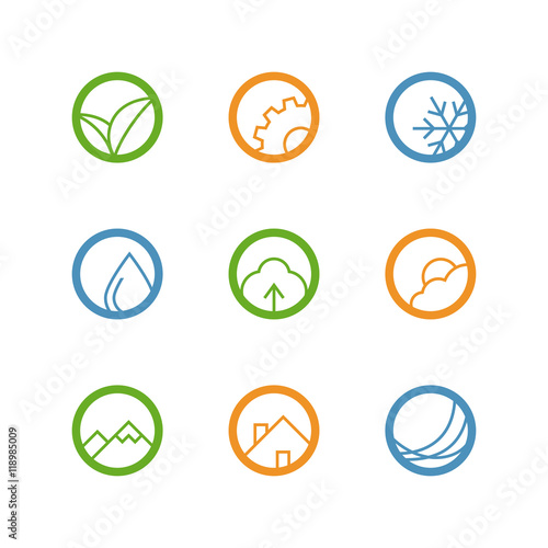 Round vector outline icon set - leaves, gear, drop, snowflake, tree, weather, mountains, house and waves
