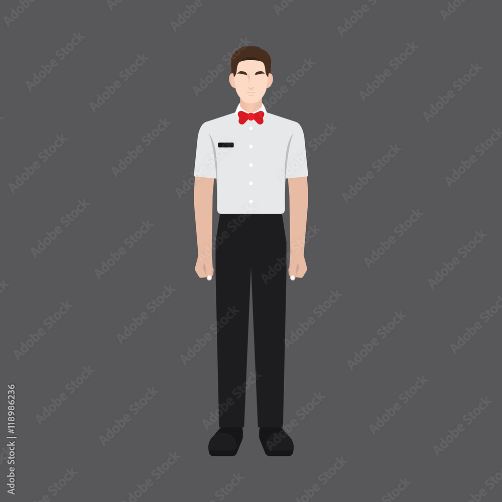 A male avatar of professions people. Front view. Full body. Flat style icons. Occupation avatar. Waiter icon. Vector illustration A male avatar of professions people. Front view. Full body. Flat style icons. Occupation avatar. Waiter icon. Vector illustration