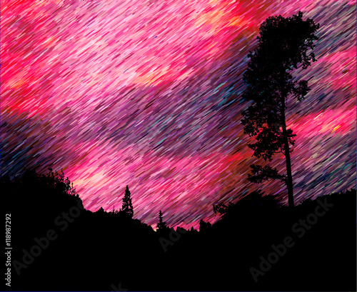 Dark landscape with silhouette of tree, grass, plants and heavy rain. Dramatic red, purple and yellow sky with storm clouds and torrents of rain 