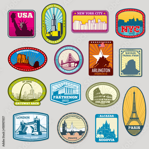 World famous monuments and landmarks vector labels, emblems