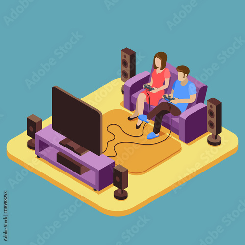 Young family playing video game at home. Vector 3D isometric