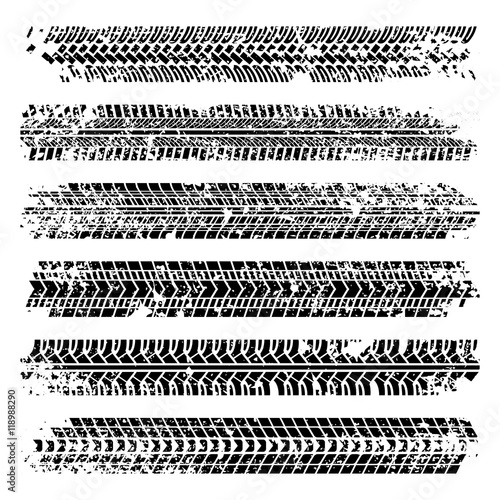 Tire tracks with grunge texture. Vector set