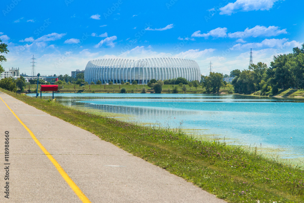 Obraz premium Jarun lake in Zagreb, Croatia, sunny summer day, Zagreb arena in background