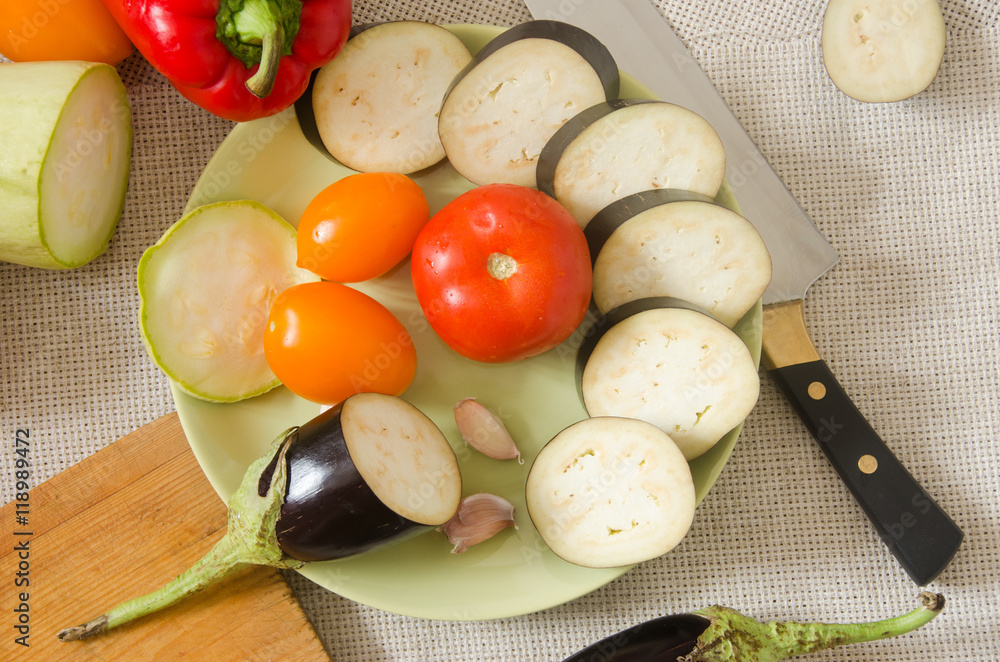 eggplant green plate vegetables top view eggplant green plate vegetables top view