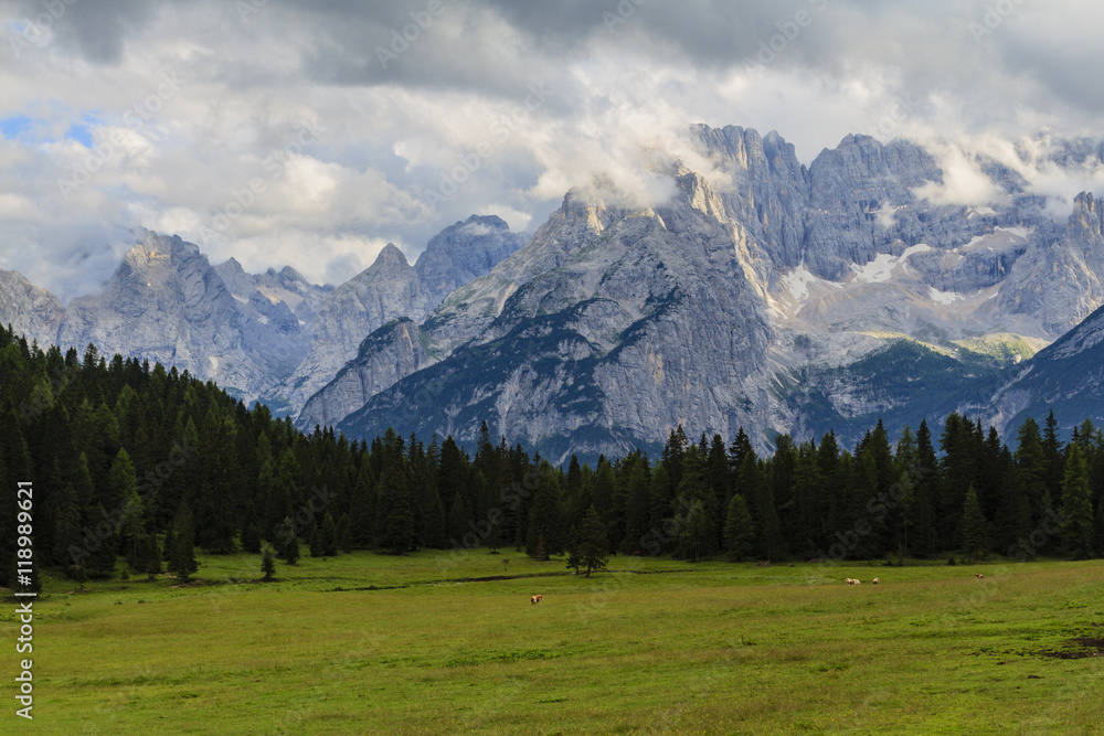 View of the Dolomites mountains. Misurina, Auronzo di Cadore, Italy.
