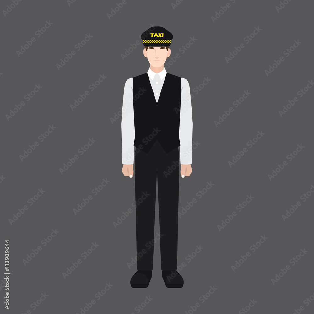 A male avatar of professions people. Front view. Full body. Flat style icons. Occupation avatar. Male taxi driver icon. Vector illustration A male avatar of professions people. Front view. Full body. Flat style icons. Occupation avatar. Male taxi driver icon. Vector illustration