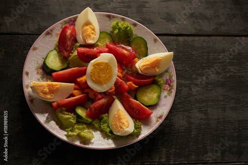 vegetable salad with boiled eggs in a restaurant