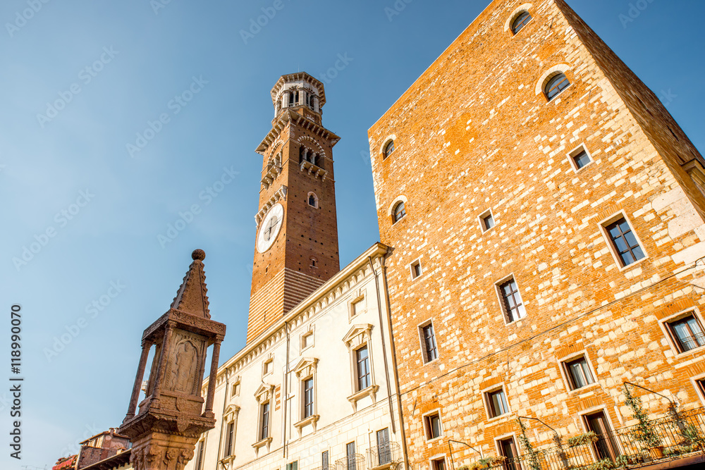 View on the old buildings with Lamberty tower in Verona city center in Italy