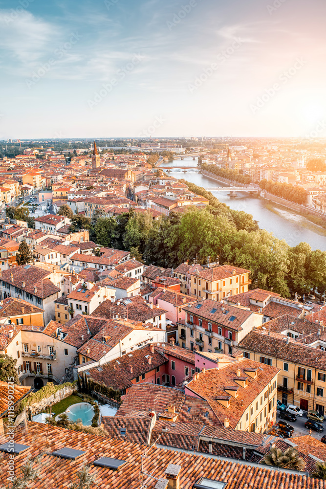 Aerial view on the eastern part of Verona old town from the castle hill on the sunset