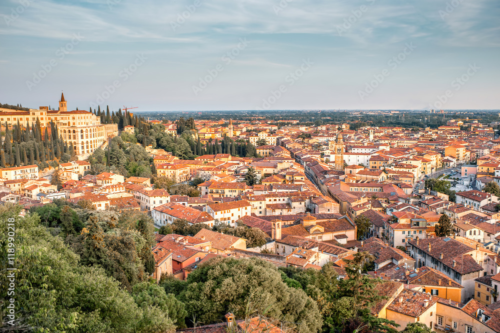 Panoramic aerial view on the eastern part of Verona old town from the castle hill on the sunset