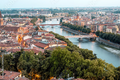 Aerial view on Adige river with bridges in Verona city in Italy