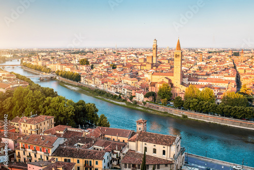 Panoramic aerial view on Verona old town from the castle hill on the sunrise