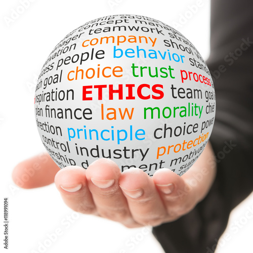 Ethicsconcept. Hand take white ball with wordcloud and ethics word in red color.