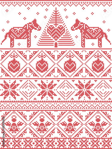 Scandinavian Printed Textile  inspired festive winter seamless pattern in cross stitch with Christmas tree, snowflake, Danish style Dala horse decoration, angel, bauble, heart, decorative ornaments 
