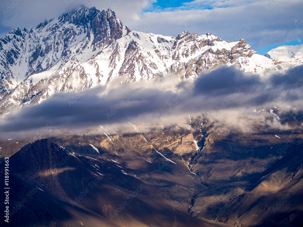 Snowy mountain with the overcast weather in Muktinath, Annapurna Conservation Area, Nepal